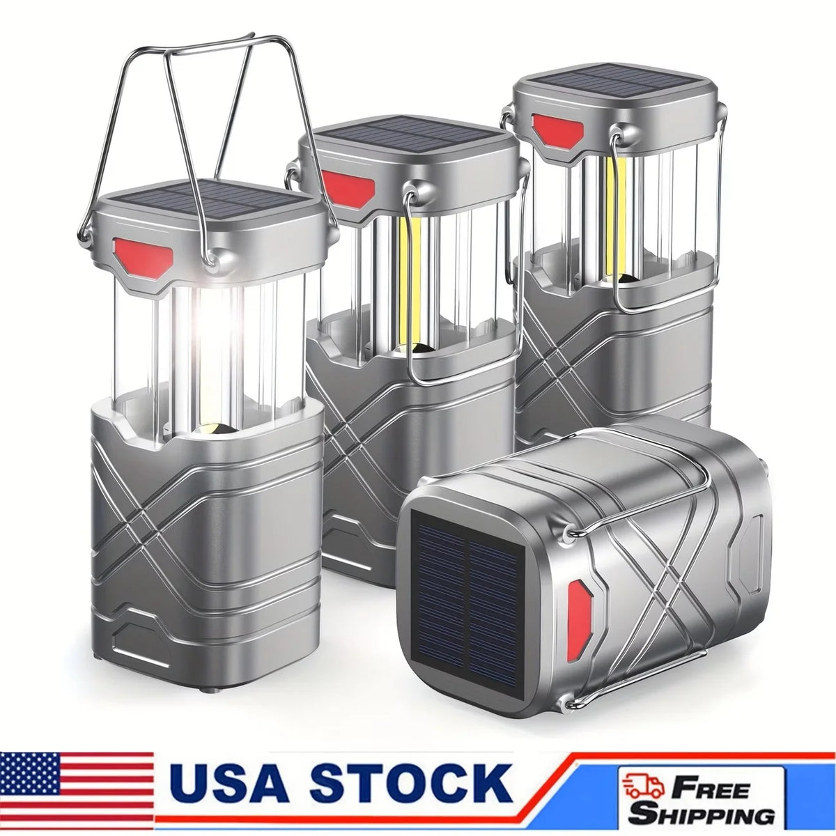 Solar Camping Lantern 2/4-Pack, Rechargeable LED with Flashlight, USB-C & Solar Powered, Collapsible for Outdoor, Emergency Use