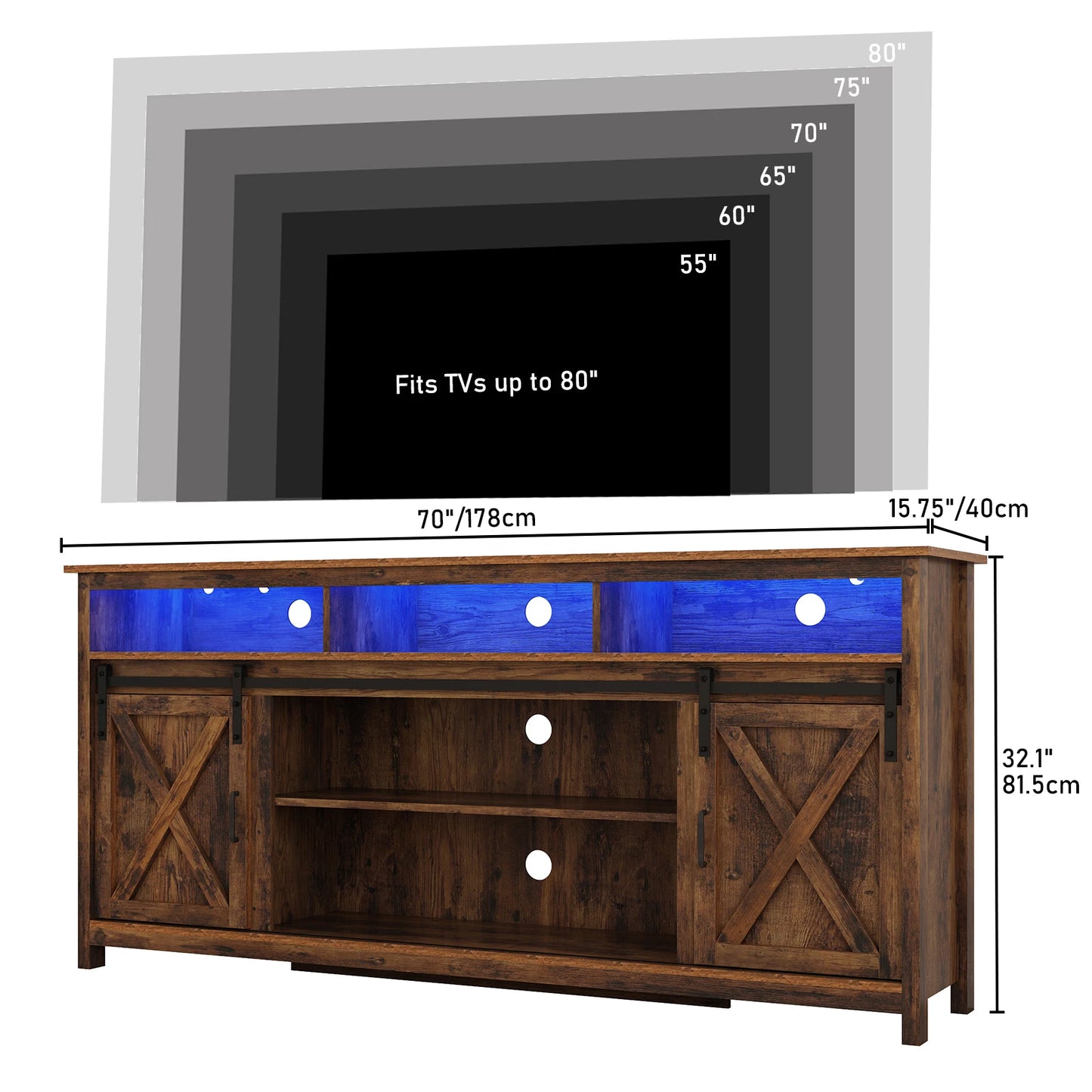 TV Stand Farmhouse Coffee Bar Cabinet Rustic Sliding Barn Door Storage Cabinet with Power Outlet & LED Light, Wooden TV Cabinet