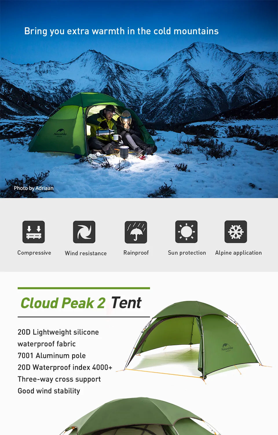 Naturehike Cloud Peak 2 Person Tent Ultralight Waterproof Camping Tent 4 Season Nylon Backpacking Traveling Tent