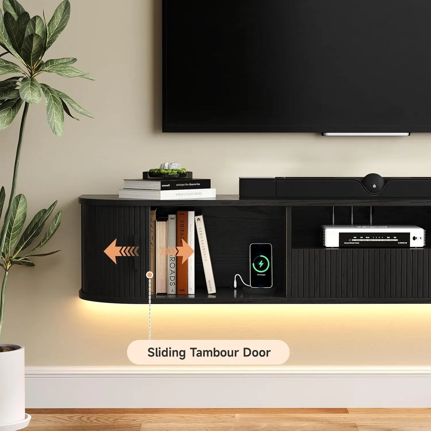 70 Inch Smart Floating TV Stand with LED Lights & Power Outlet - App Control Entertainment Center for 80" TVs, Mid-Century Modern Fluted Wood Design Living Room Storage Cabinet,Walnut