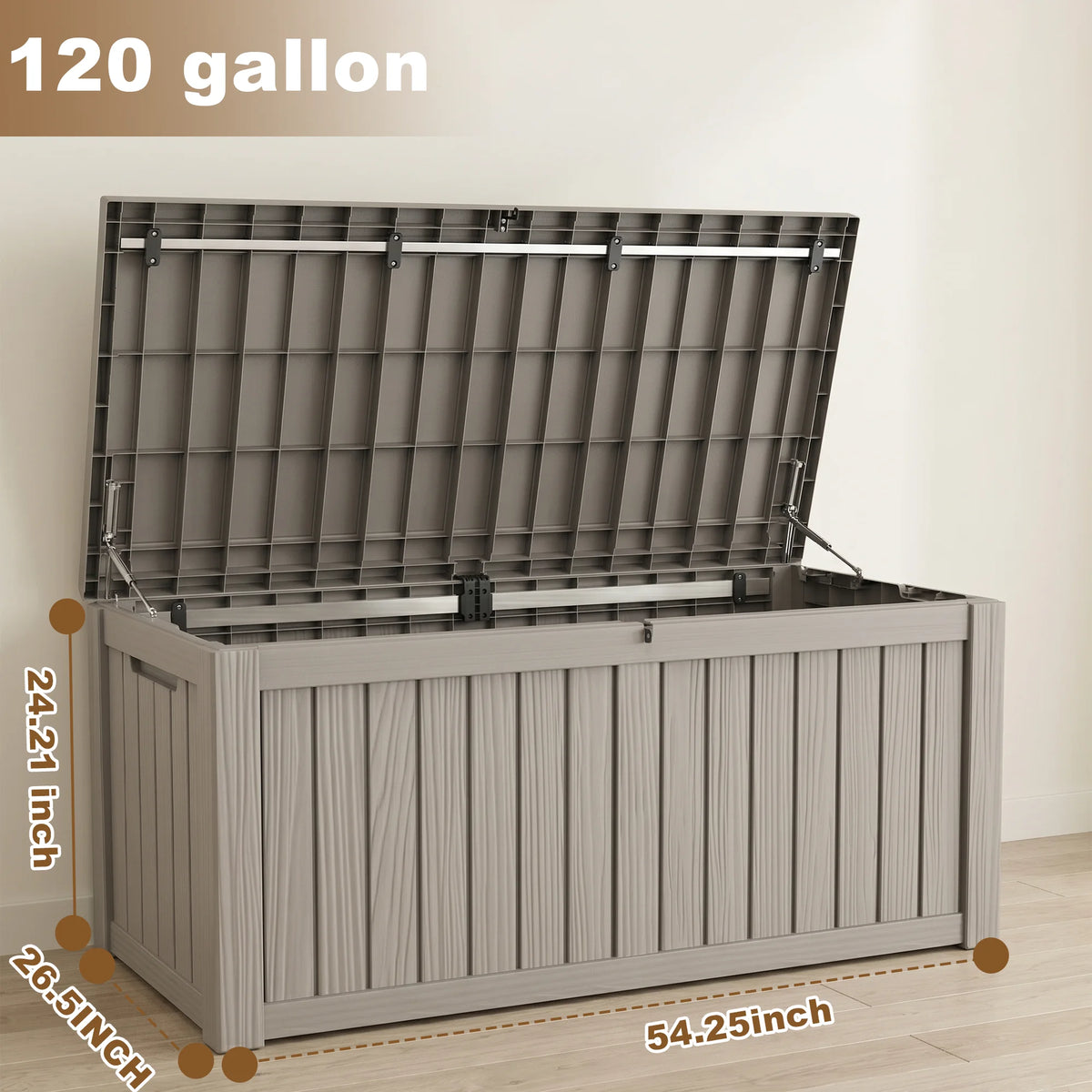 Oversized 120 Gallon Vertical Wood-Look Resin Outdoor Storage Box, All Season Lockable Deck Organizer for Large Patio Cushions & Yard Care Gear