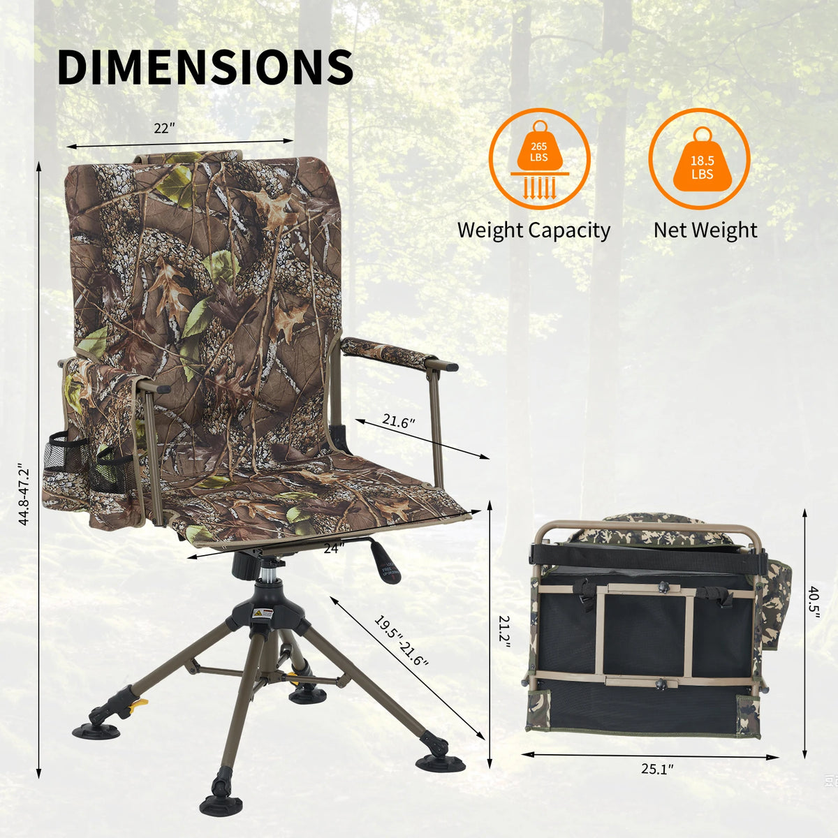 360° Swivel Folding Dining Chair Mesh Backrest Heavy-Duty Steel Frame 330 lb Capacity Leaf Camouflage Portable Camping Chair Hunting Hammock Seat Outdoors Low Down Hunting Seat for Fishing Camping