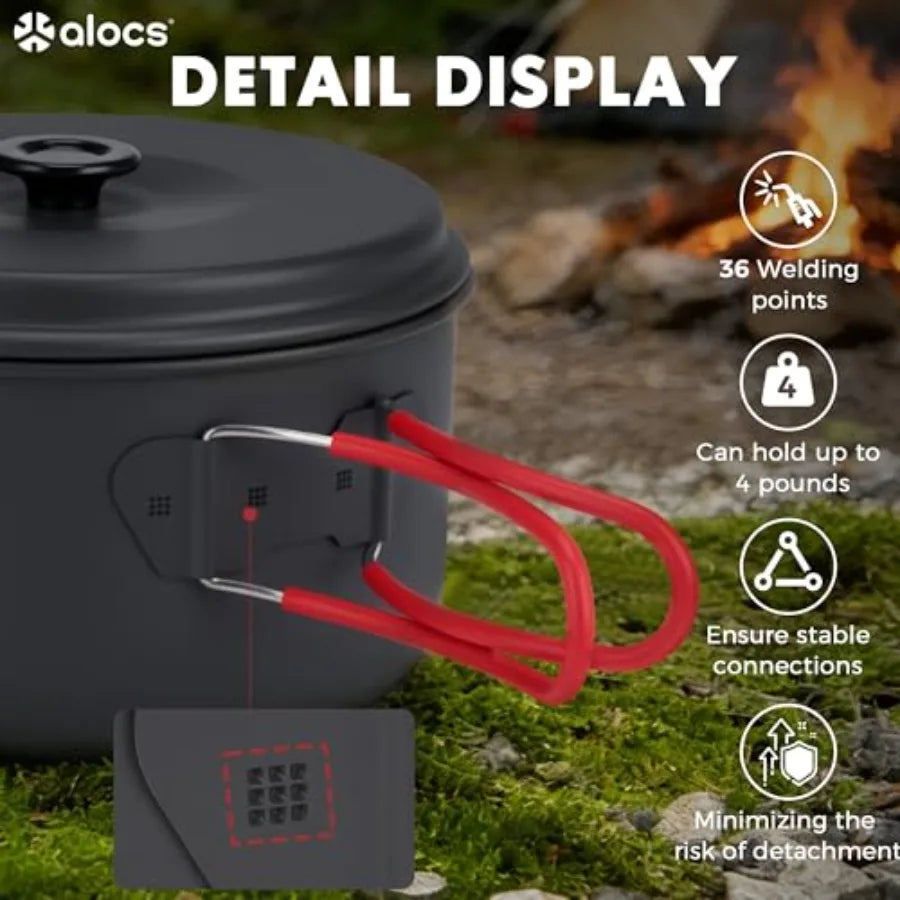 Camping cookware set for outdoor backpacking, hard alumina pots and pans in gray, ultra-durable and compact with mesh carry bag