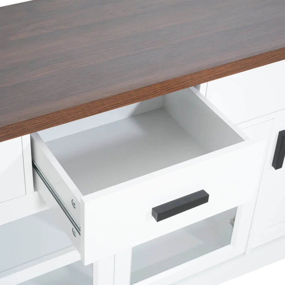 Modern White TV Console, 67" Width TV Stand, Glass Doors & Storage Drawers, Adjustable Shelves (Old SKU:N779P296233W)