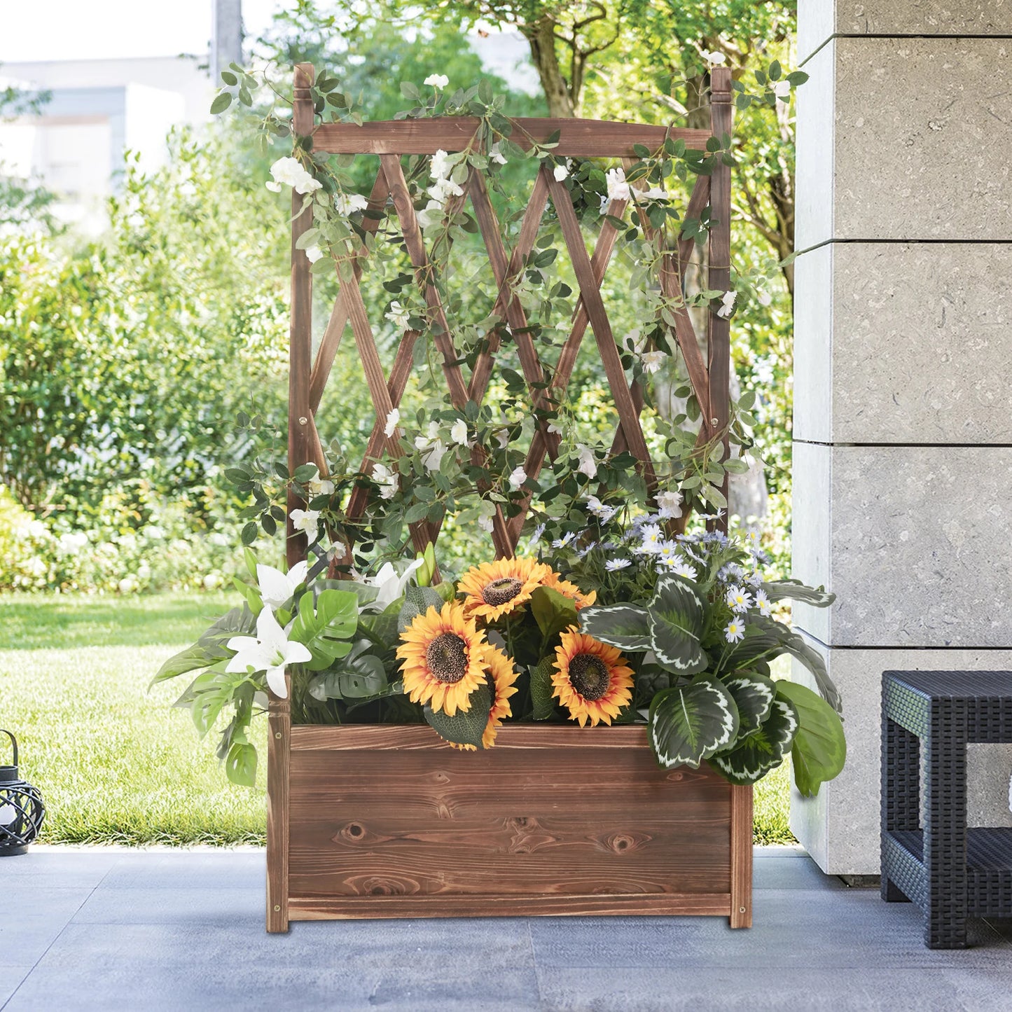 Raised Garden Bed Elevated Wood Planter Box with Trellis for Growing Fresh Herbs Flowers