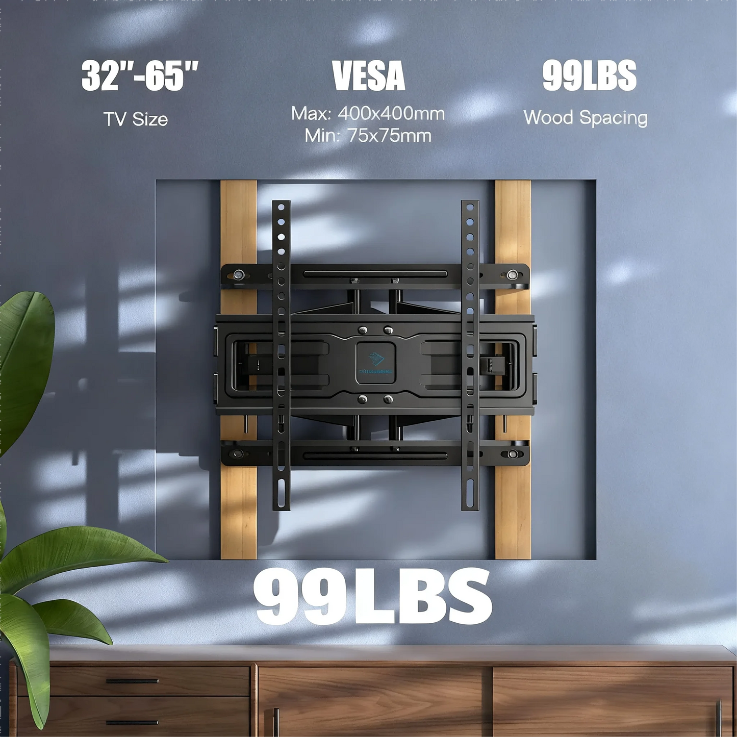Full Motion TV Wall Mount for Most 32-65 inch TVs up to 99 lbs, TV Mount with Dual Articulating Arms Tilt Swivel Extension Leveling, Max VESA 400x400mm, Fits 12"/16" Wood Studs