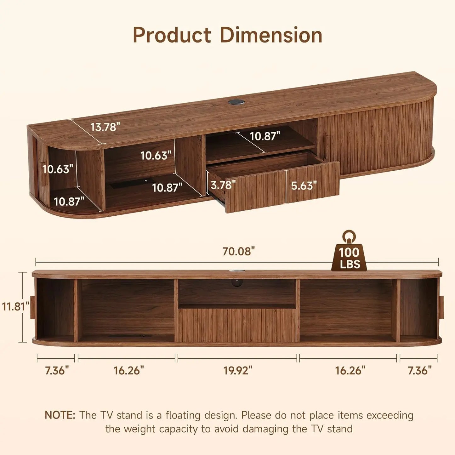 70 Inch Smart Floating TV Stand with LED Lights & Power Outlet - App Control Entertainment Center for 80" TVs, Mid-Century Modern Fluted Wood Design Living Room Storage Cabinet,Walnut