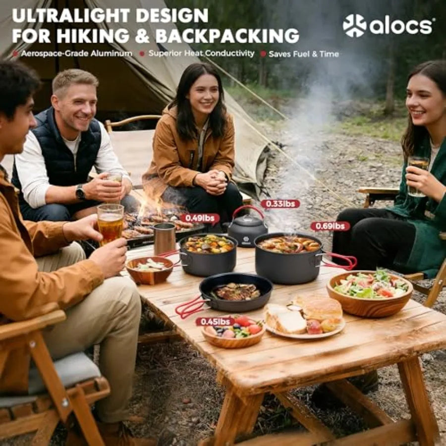 Camping cookware set for outdoor backpacking, hard alumina pots and pans in gray, ultra-durable and compact with mesh carry bag