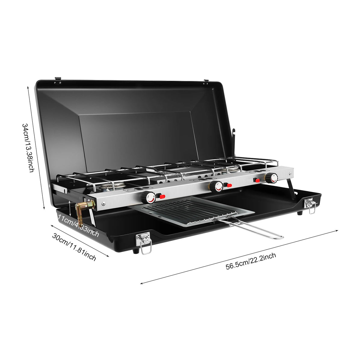 Portable Gas Camping Stove 3 Burners 4.5KW Total Power Cold Rolled Sheet Rust Resistant Piezo Ignition Windproof Lid Foldable Lockable Anti-slip Feet No Assembly Lightweight Tabletop Gas Cooker For Outdoor Camping Picnic BBQ