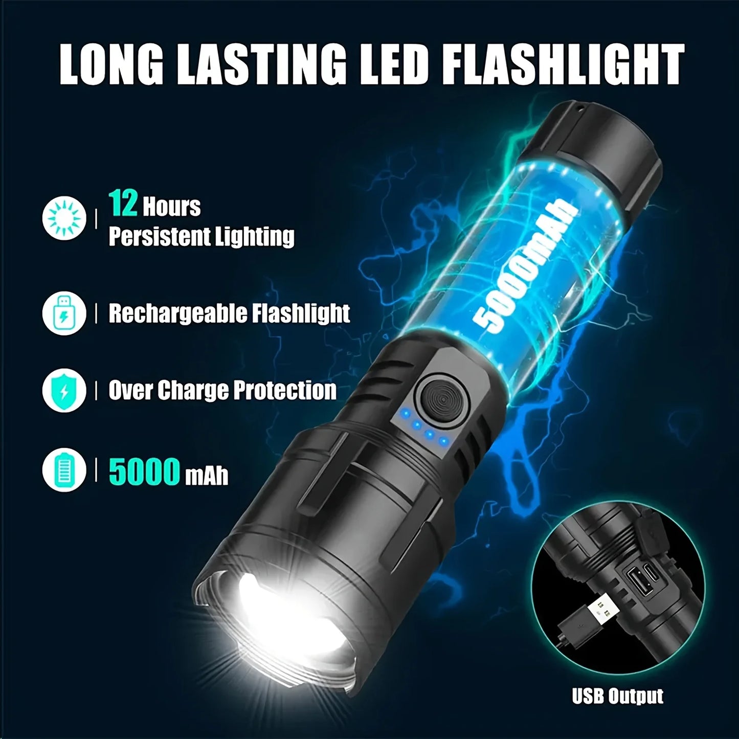 Zoomable LED Flashlight with Lens Ignition Function, Rechargeable High Power Tactical Flashlight, USB Charging Portable Torch with Power Indicator Light, Perfect for Outdoor Camping, Survival & Emergency Use