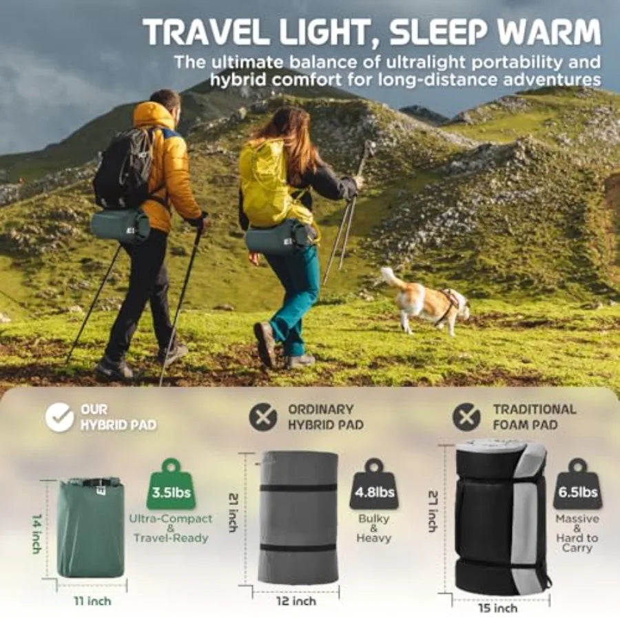 Camping mattress for outdoor travel, memory foam and air, gray, ultra-thick 4-inch with R-Value 9.5 for 4-season use
