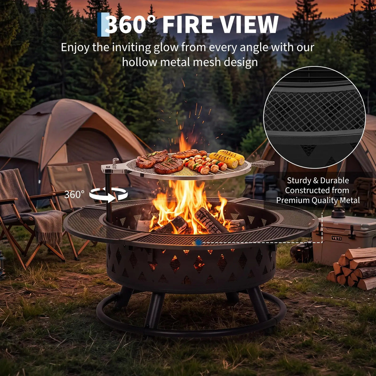 39 Inch Wood Burning Fire Pit With Grill Grate, Round Outdoor Firepit Table With Mesh Guard For Patio Backyard Bbq Camping
