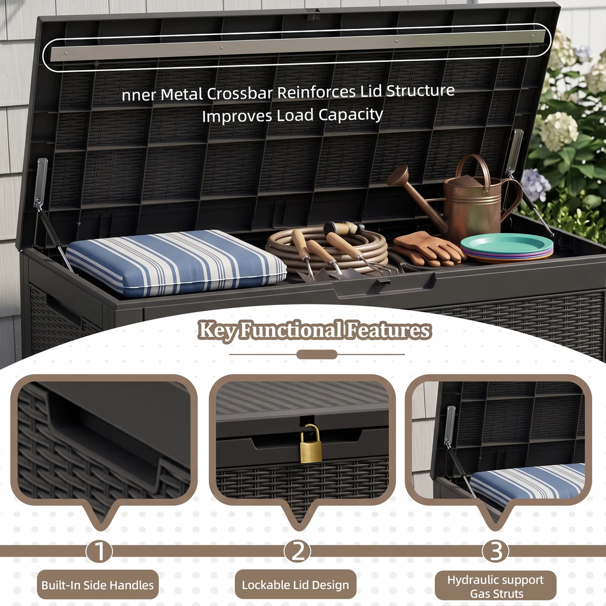 100 Gallon Outdoor Storage Deck Box, Resin Rattan Pattern Storage Container with Lid Support Bar, Indoor & Outdoor Patio Storage Box