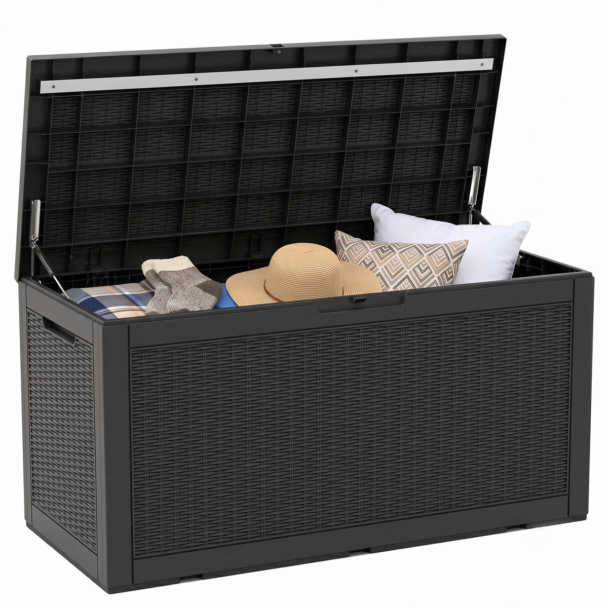 100 Gallon Outdoor Storage Deck Box, Resin Rattan Pattern Storage Container with Lid Support Bar, Indoor & Outdoor Patio Storage Box