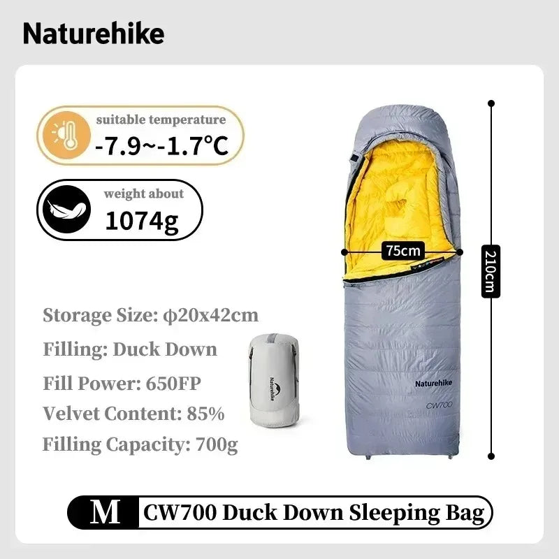 Naturehike CW700 Envelope Duck Down Sleeping Bag Winter Warm 650FP Down Sleeping Bag Camping Hiking Ultralight Sleeping Bag for Men & Women