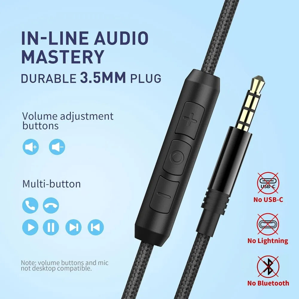 Wired Over-Ear Headphones with Microphone, Volume Control, and Noise Isolation for Devices