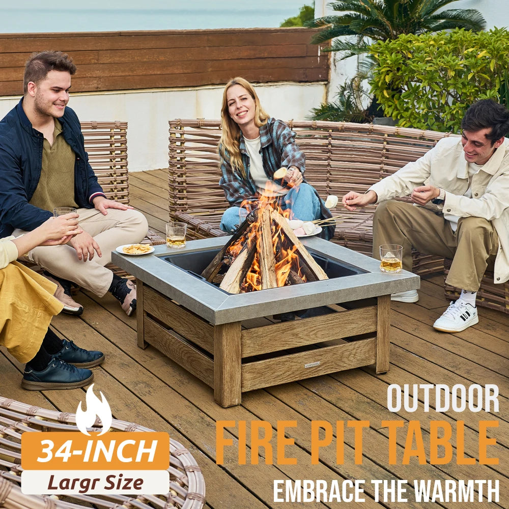 34 Inch Iron Wood-Burning Fire Pit Table, Natural Wood Color Outdoor Stove with Square 34 By 34 By 19.70 Inch Size, 65.80 Pound Weight, Iron Construction, Package 36.80 By 36.80 By 7.50 and Patio Backyard Garden Gathering Use