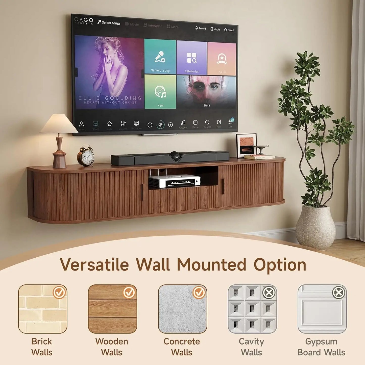 70 Inch Smart Floating TV Stand with LED Lights & Power Outlet - App Control Entertainment Center for 80" TVs, Mid-Century Modern Fluted Wood Design Living Room Storage Cabinet,Walnut