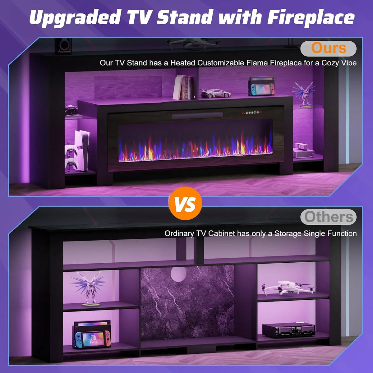 80" Modern Fireplace TV Stand with 50" Electric Fireplace Up to 90" TVs, Gaming Entertainment Center with 20 Color, Customized