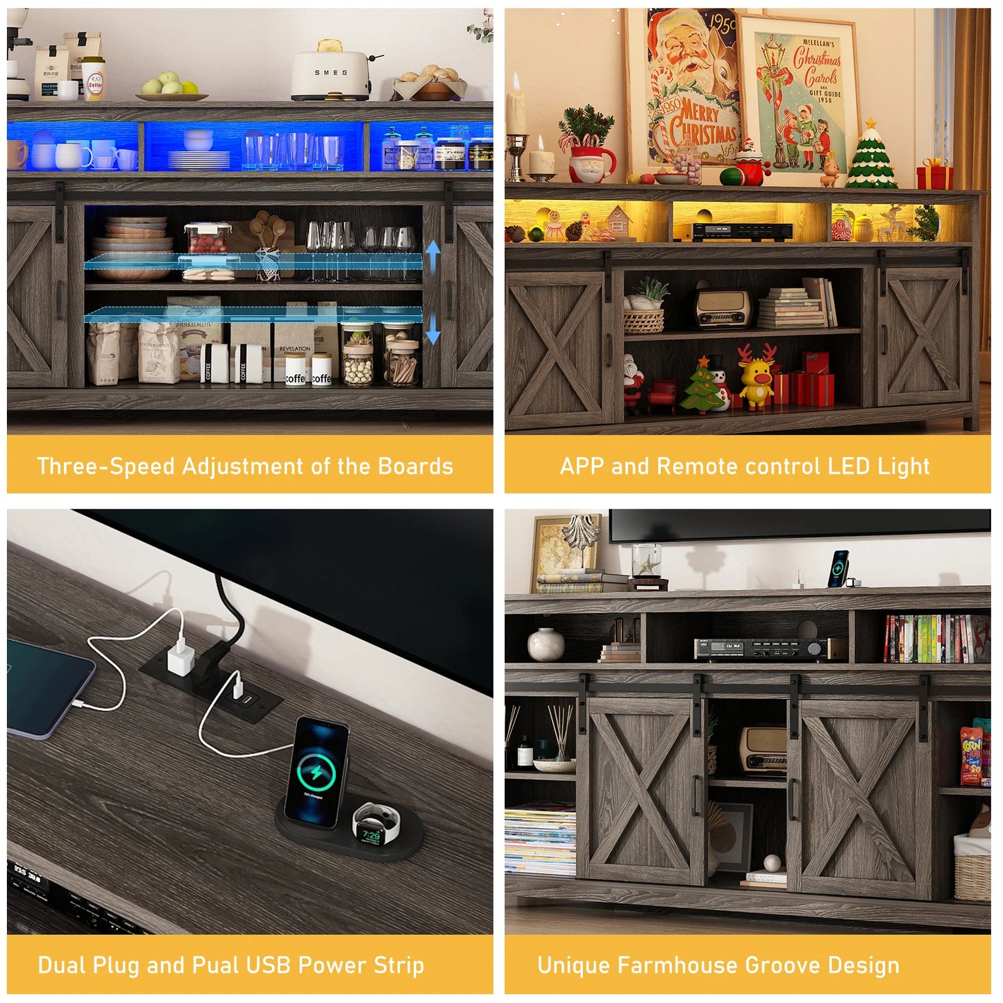TV Stand Farmhouse Coffee Bar Cabinet Rustic Sliding Barn Door Storage Cabinet with Power Outlet & LED Light, Wooden TV Cabinet