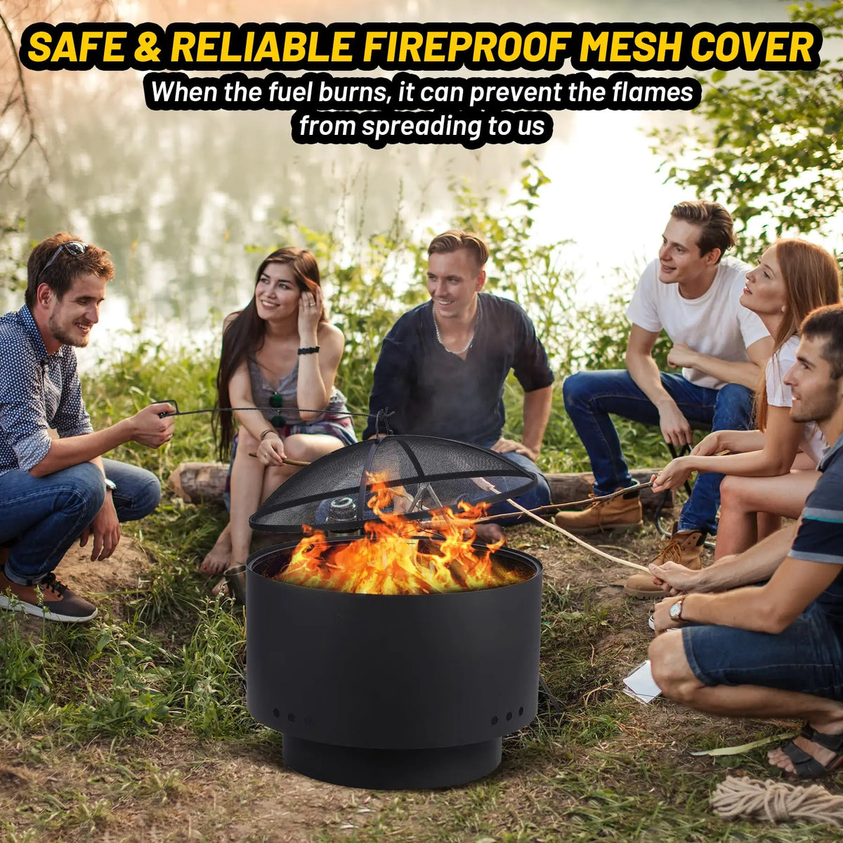 26 Inch Smokeless Wood Burning Fire Pit With Cooking Grate, Mesh Lid, Poker & Cover, Portable Outdoor BBQ Bonfire Pit For Patio Camping