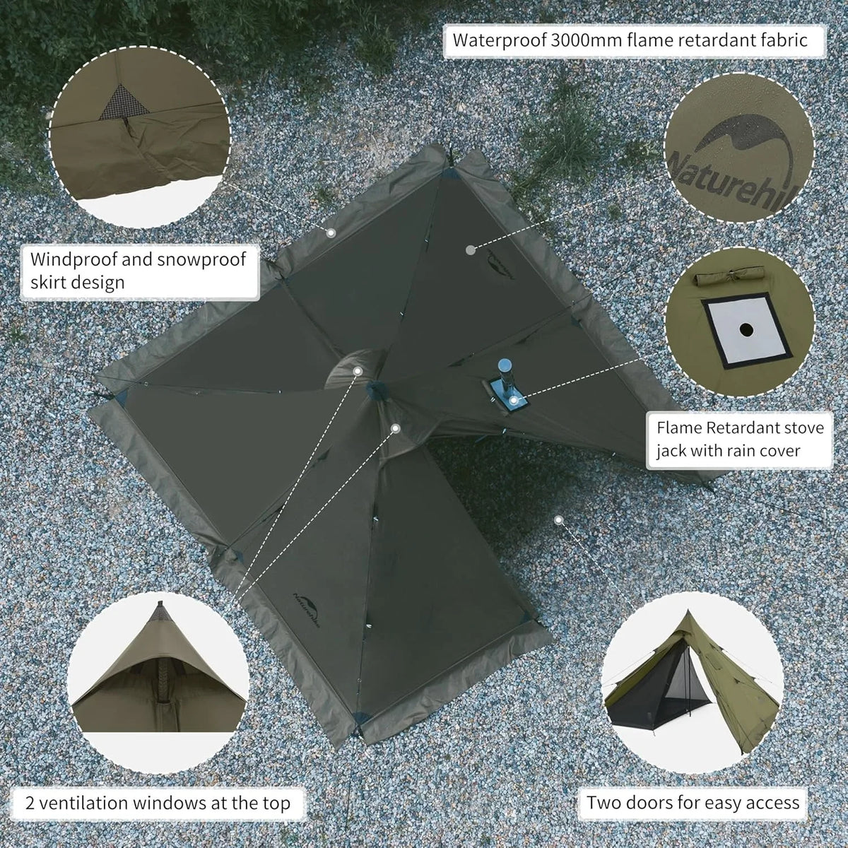 Naturehike Camping Tent with Chimney Window 2-4 Person Outdoor Ultralight Tipi Teepee Tent Pyramid Double Layer Flame-retardant