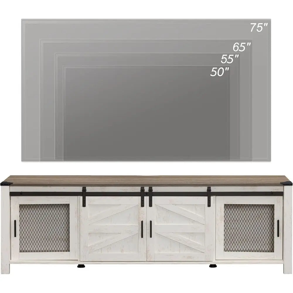 Wooden TV Stand for 75 TVs, Entertainment Center with Mesh Door, Storage Shelves, Rustic Oak and White