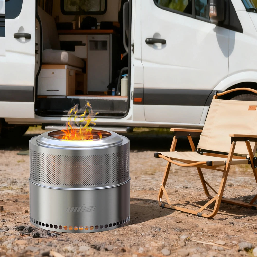 UNHO19-inch smokeless fire pit, used for outdoor wood burning, portable 304 stainless steel camping stove, perforated fireplace, suitable for outdoor heating, hunting, barbecue and ice fishing.