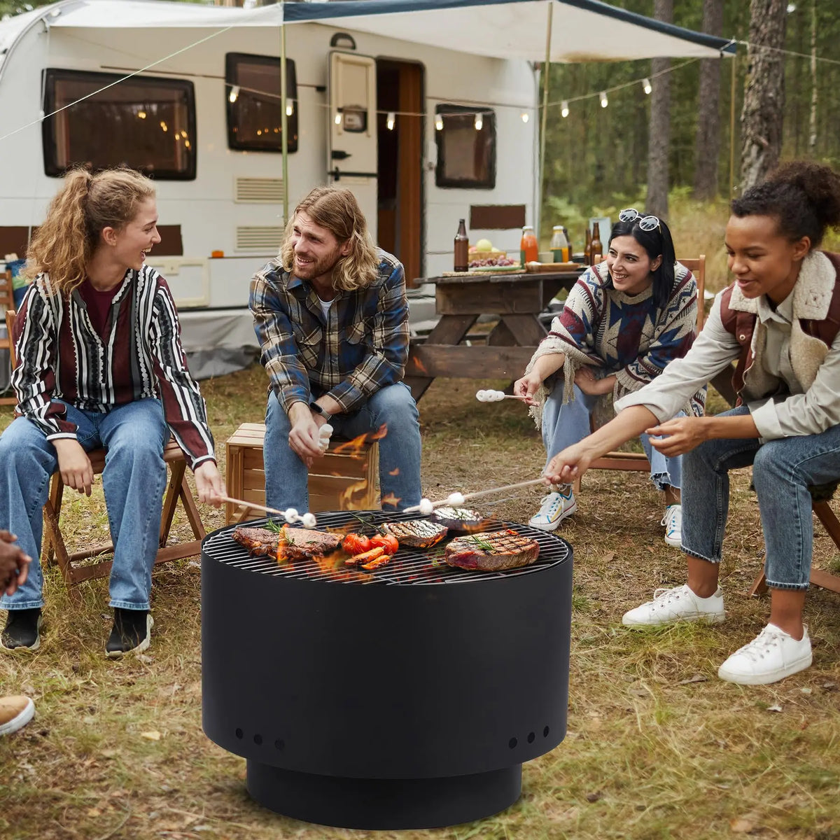 26 Inch Smokeless Wood Burning Fire Pit With Cooking Grate, Mesh Lid, Poker & Cover, Portable Outdoor BBQ Bonfire Pit For Patio Camping