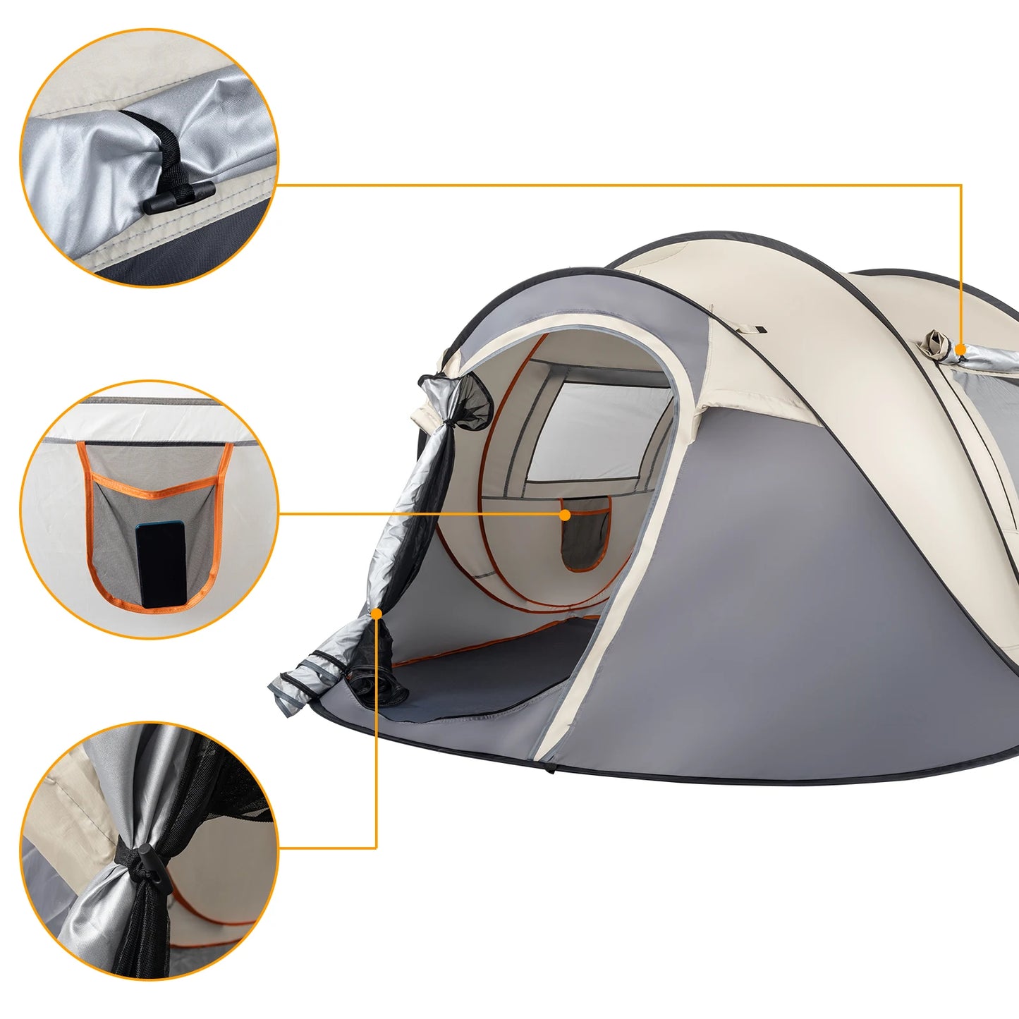 4 Person Pop Up Tent Instant Setup Family Camping Portable Waterproof 190T Polyester Fiberglass Poles with Vestibule Khaki