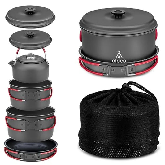 Camping cookware set for outdoor backpacking, hard alumina pots and pans in gray, ultra-durable and compact with mesh carry bag