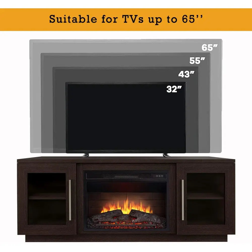 65 TV Stand with Wooden Media Center, 6 Shelves, Barn Door, Electric Fireplace, Remote & Adjustable Flame