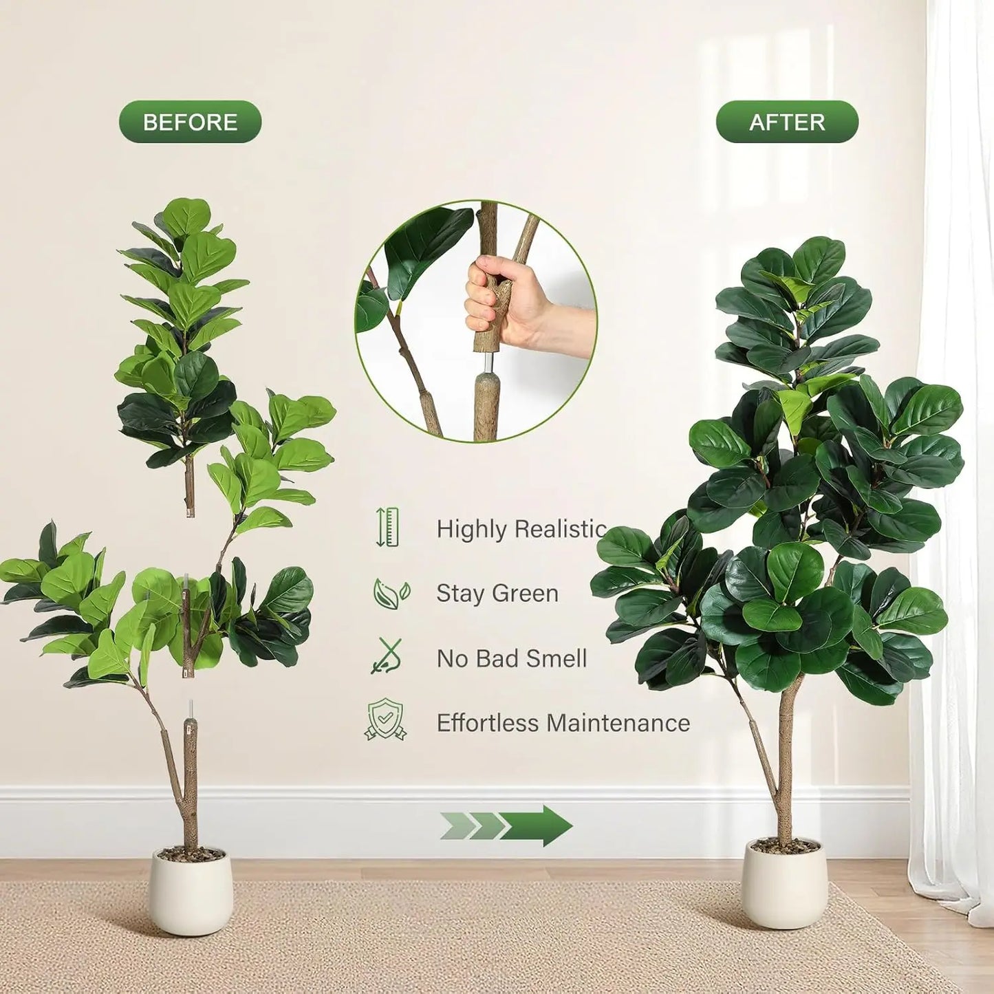 4-7 FT Fiddle Leaf Fig Tree Artificial Realistic Faux Ficus Lyrata Trees in White Planter Pot, Fake Floor Plants for Home Garden