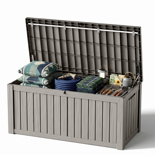 Oversized 120 Gallon Vertical Wood-Look Resin Outdoor Storage Box, All Season Lockable Deck Organizer for Large Patio Cushions & Yard Care Gear