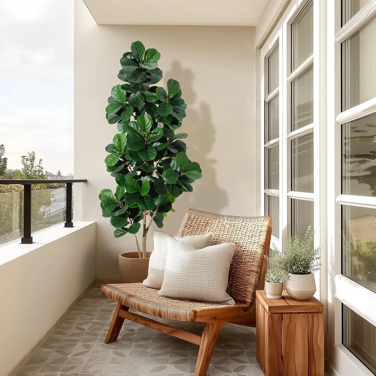 4-7 FT Fiddle Leaf Fig Tree Artificial Realistic Faux Ficus Lyrata Trees in White Planter Pot, Fake Floor Plants for Home Garden