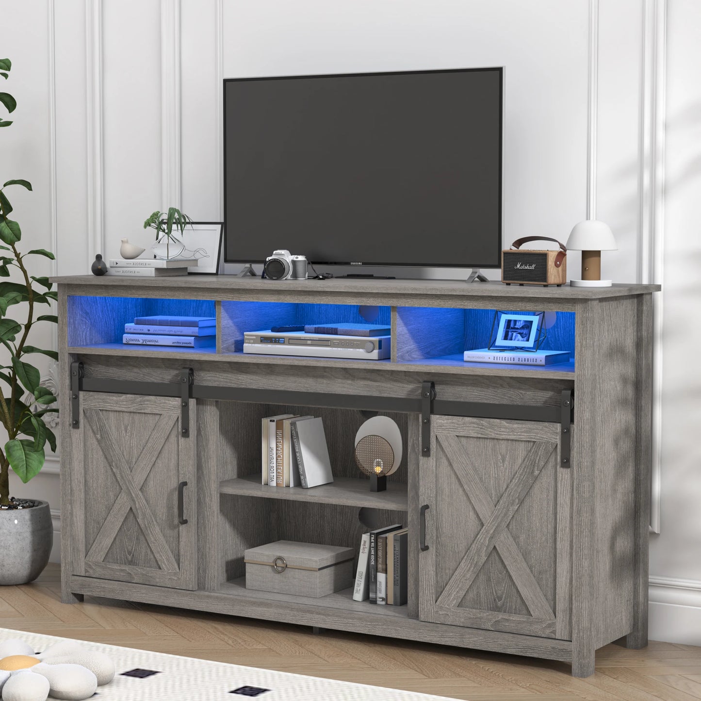 TV Stand Farmhouse Coffee Bar Cabinet Rustic Sliding Barn Door Storage Cabinet with Power Outlet & LED Light, Wooden TV Cabinet