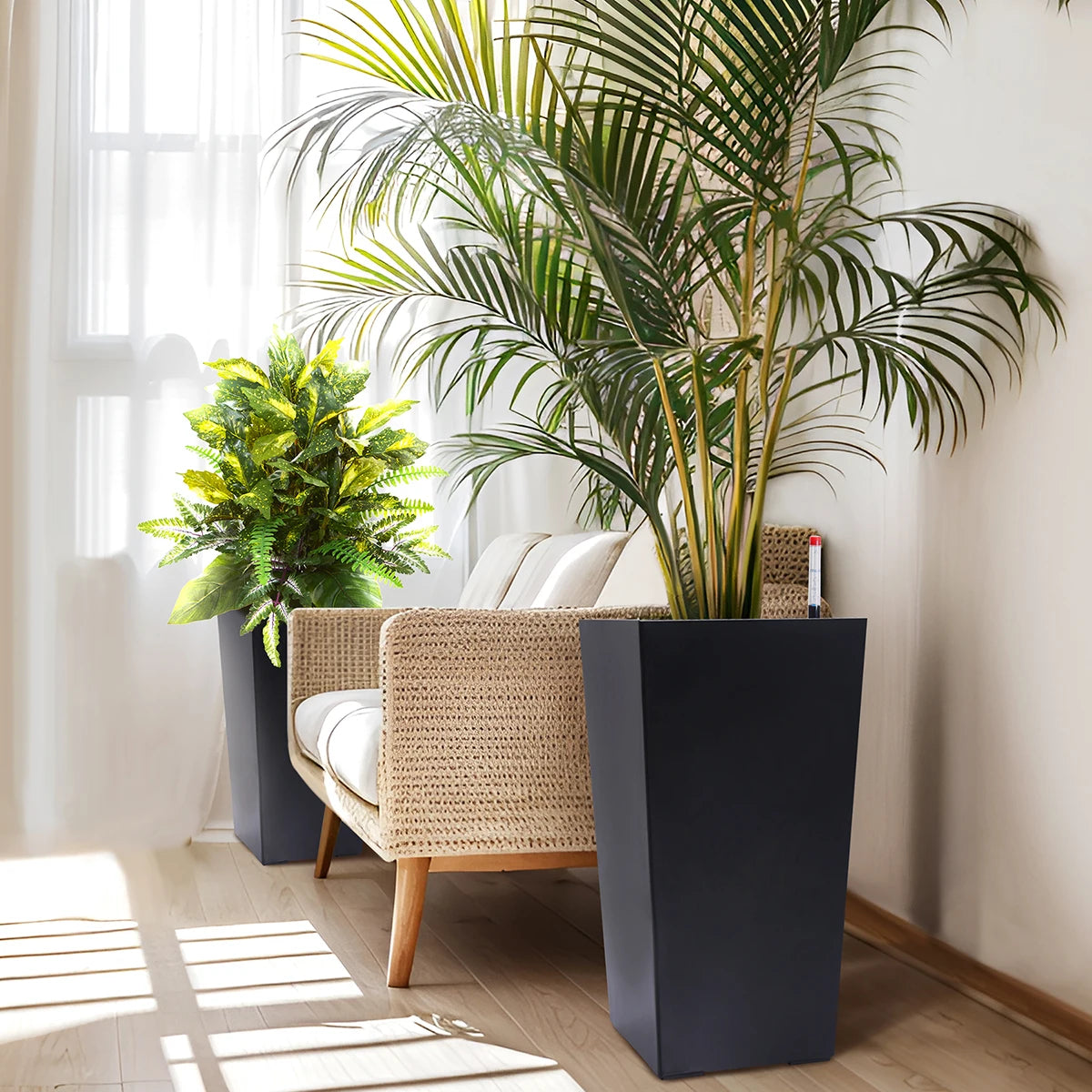 Rectangular Planters Set of 2, Large Plant Pots with Drainage Holes＆Water Level Monitor for Outdoor Indoor Patio Porch Rooms