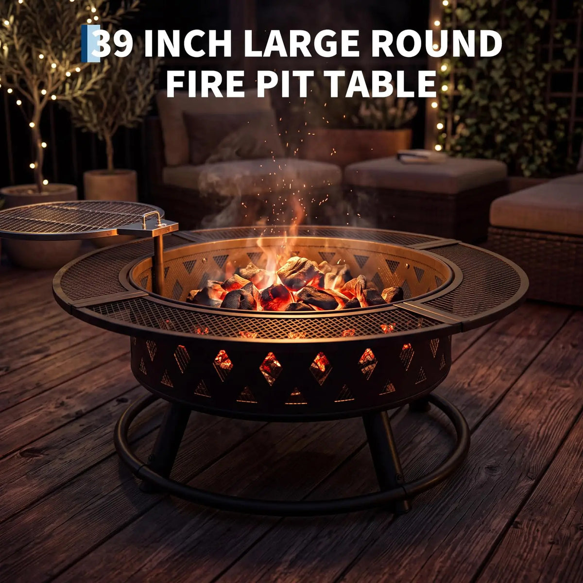 39 Inch Wood Burning Fire Pit With Grill Grate, Round Outdoor Firepit Table With Mesh Guard For Patio Backyard Bbq Camping