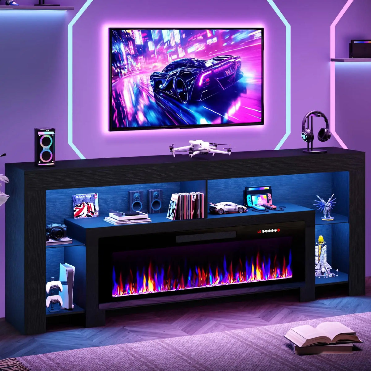 80" Modern Fireplace TV Stand with 50" Electric Fireplace Up to 90" TVs, Gaming Entertainment Center with 20 Color, Customized