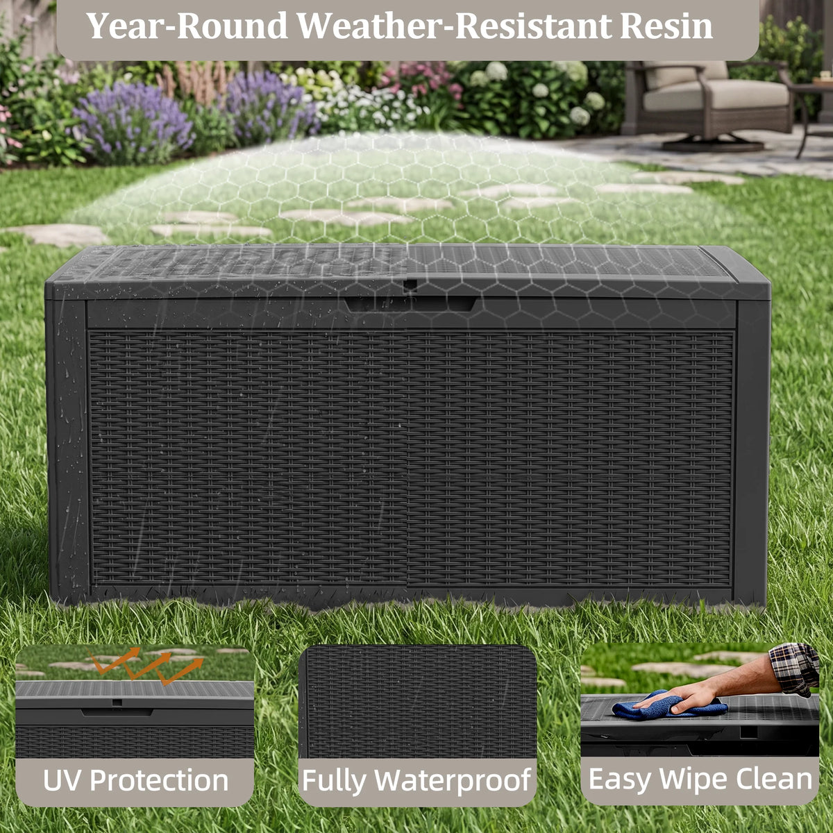 100 Gallon Outdoor Storage Deck Box, Resin Rattan Pattern Storage Container with Lid Support Bar, Indoor & Outdoor Patio Storage Box