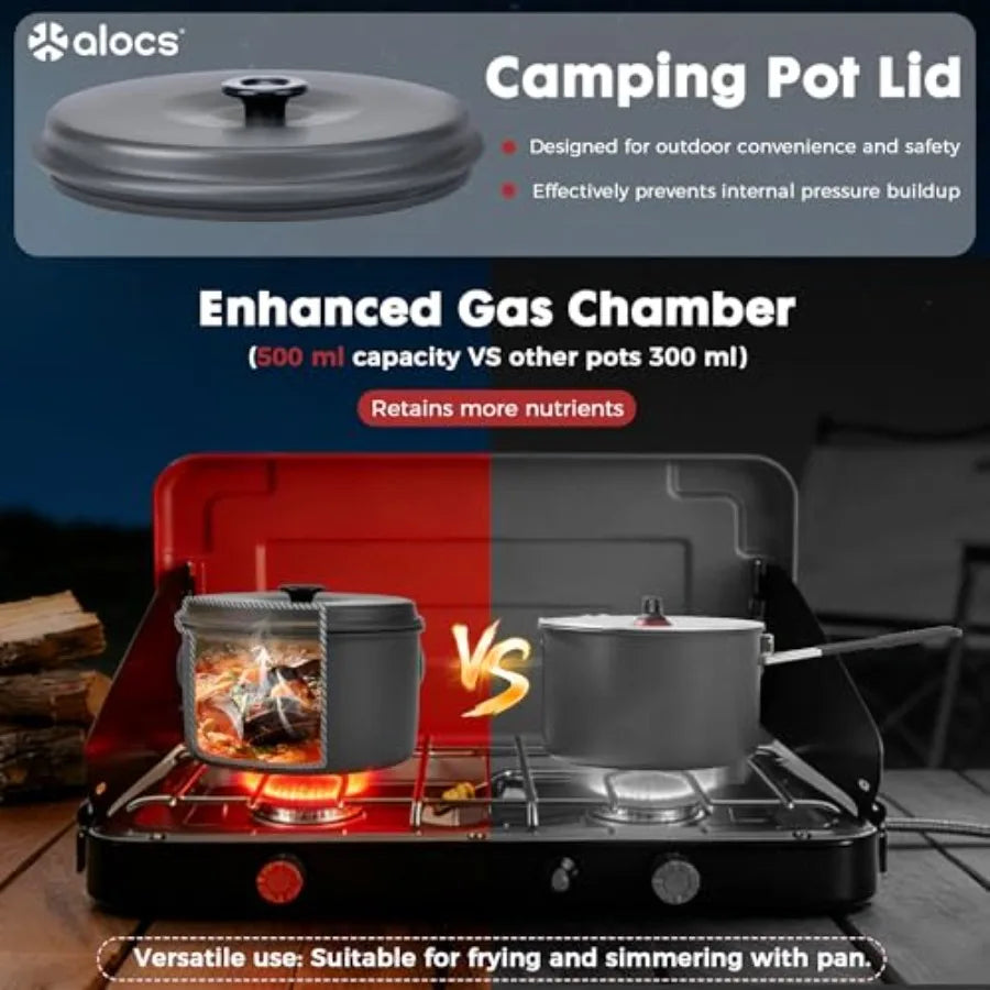 Camping cookware set for outdoor backpacking, hard alumina pots and pans in gray, ultra-durable and compact with mesh carry bag