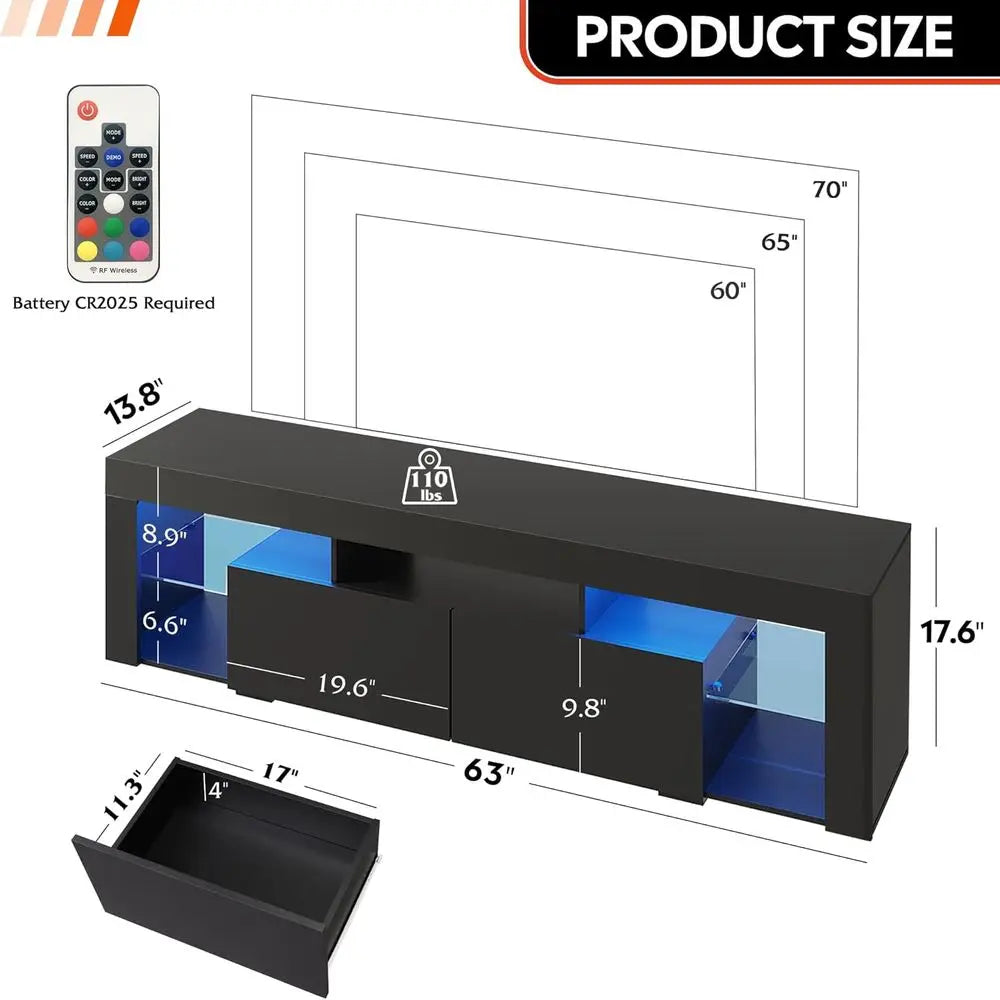 63 Inch TV Stand or 55/65/70 Inch TVs, ern Entertainment Center with 20 LED Lights & 2 Large Storage Ders, Media ole Table, Gami