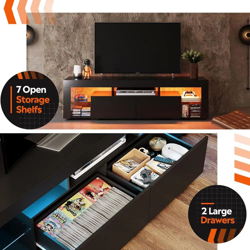 63 Inch TV Stand or 55/65/70 Inch TVs, ern Entertainment Center with 20 LED Lights & 2 Large Storage Ders, Media ole Table, Gami
