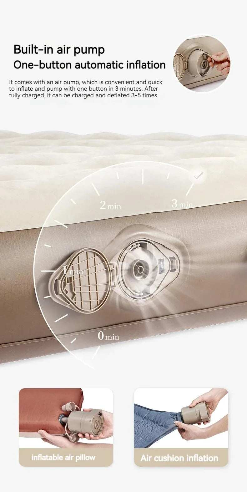 Naturehike Camping Mattress 3 Person Air Bed with Built-in Pump Outdoor Travel Beach Air Mattress Sleeping Mat 25cm Thickened