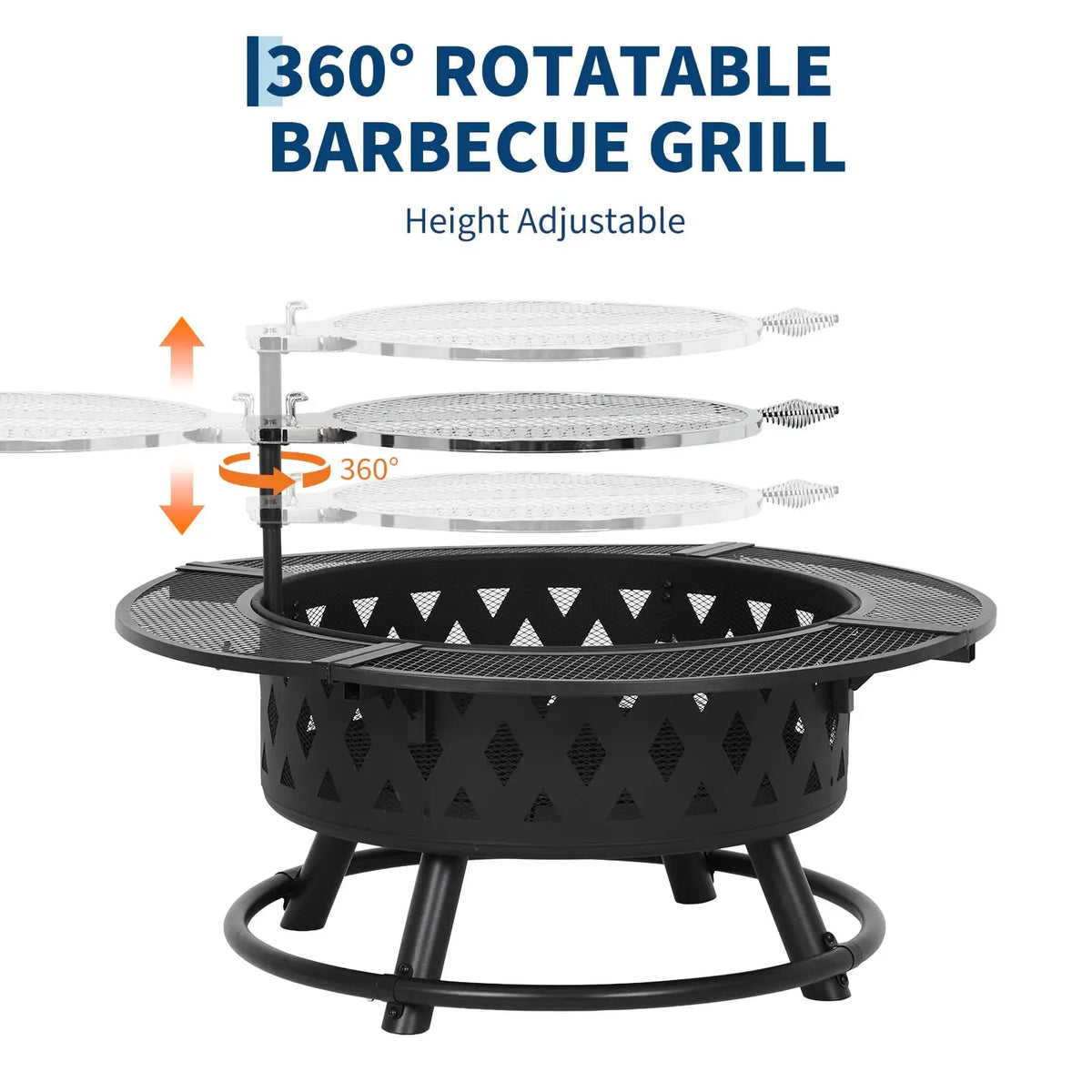 39 Inch Wood Burning Fire Pit With Grill Grate, Round Outdoor Firepit Table With Mesh Guard For Patio Backyard Bbq Camping