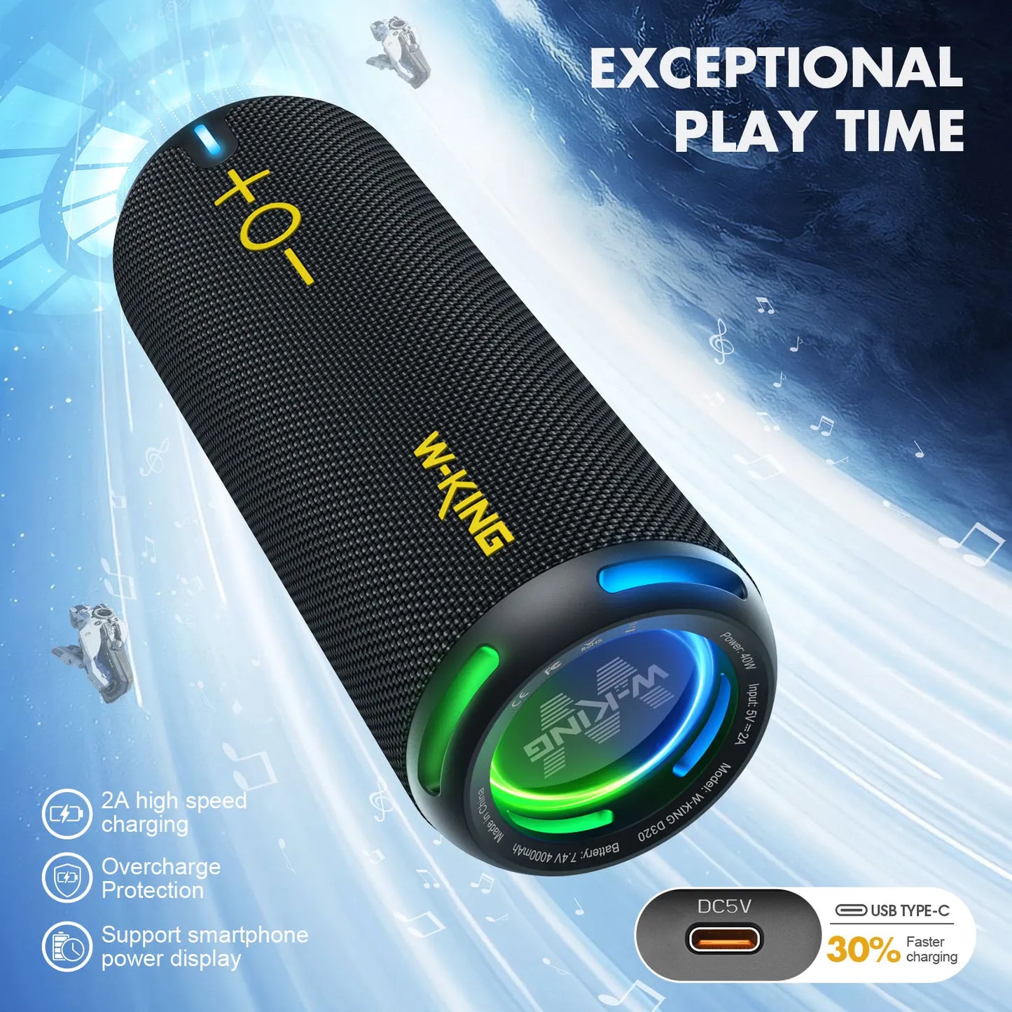 W-KING D320 40W Portable Speaker, IP67 Waterproof, APP Control, High-Quality Audio, TF/AUX, Dynamic Lights for Party, Outdoor, Shower
