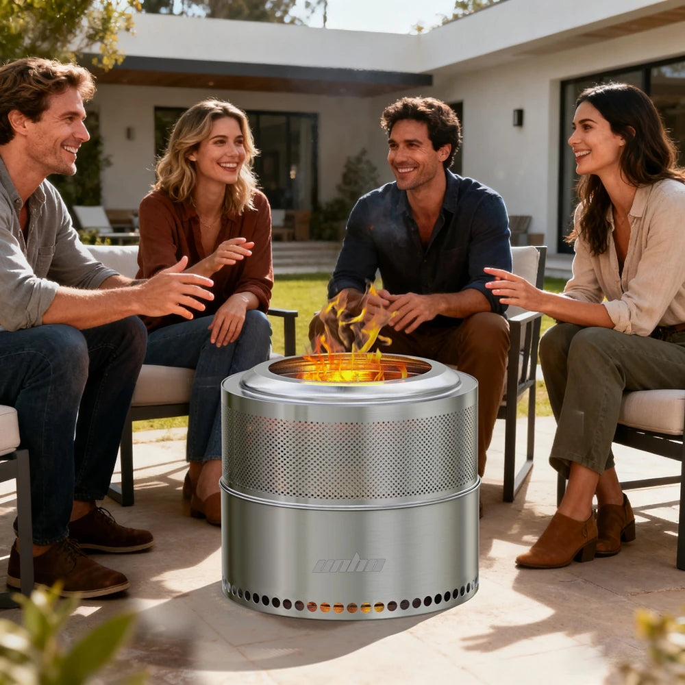 UNHO19-inch smokeless fire pit, used for outdoor wood burning, portable 304 stainless steel camping stove, perforated fireplace, suitable for outdoor heating, hunting, barbecue and ice fishing.