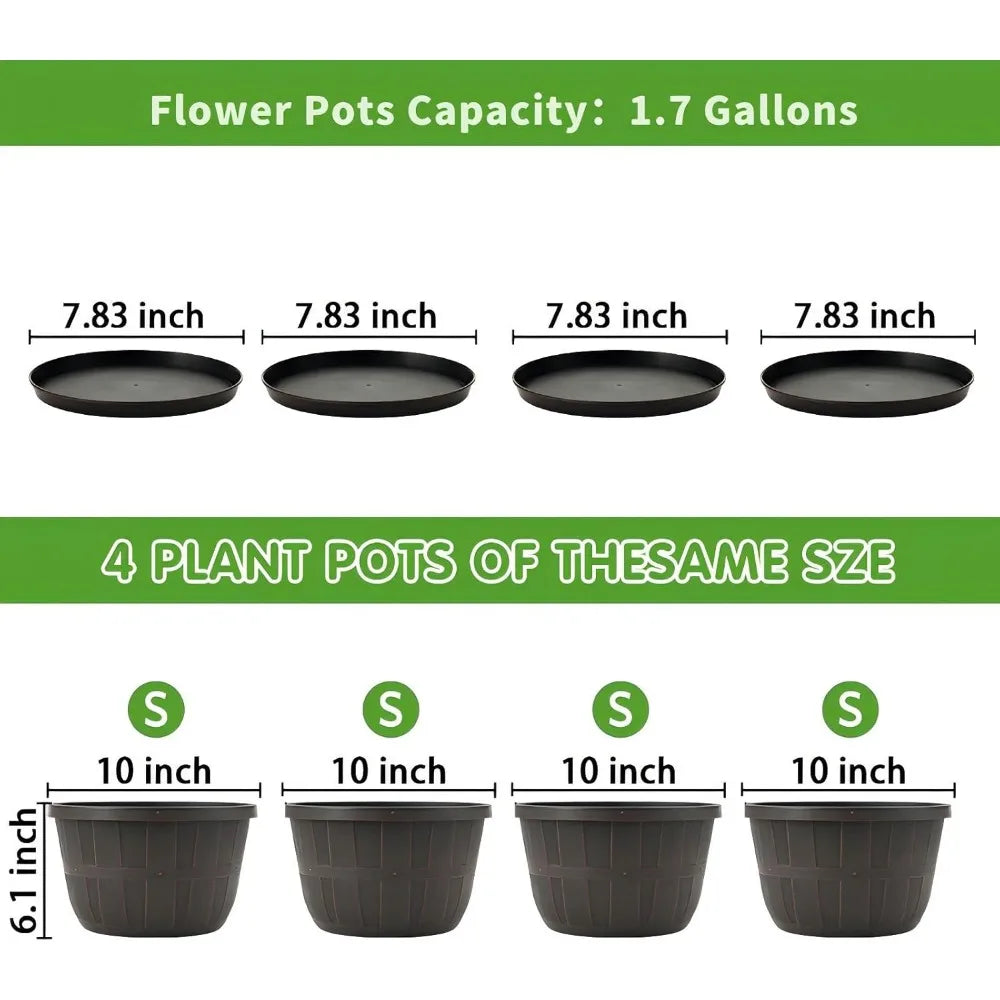 10 Inch Plastic Flower Pots 4 Pack with Drainage Saucers for Indoor Outdoor Garden Plants
