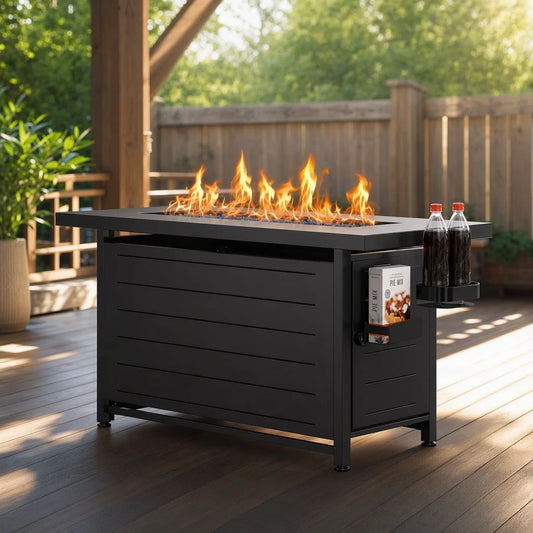 43-Inch Rectangular Propane Fire Pit with 60,000 BTU Output, Fire Pit Table Premium Gas for Outside Patio with 304 Stainless Steel H-Burner, Glass Stones, and Wind Guard