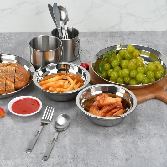 1Set/15Pcs Stainless Steel Plates and Bowls Camping Plates Reusable Steel Snack Bowls Feeding Serving Dinner Dishes Double Walled Insulated for Men Wome